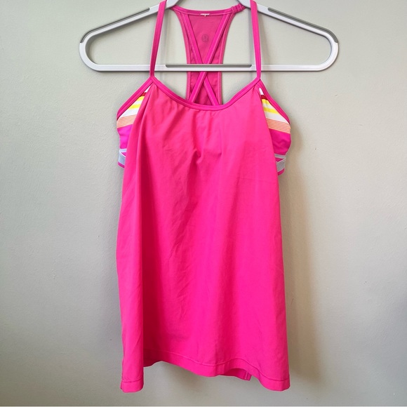 EUC Lululemon Amped Tank Raspberry Glo Multi Stripe Hot Pink Built in Bra - Picture 2 of 5